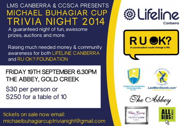 Michael Buhagiar Cup Trivia Night - Supporting Lifeline Canberra and RUOK?Day