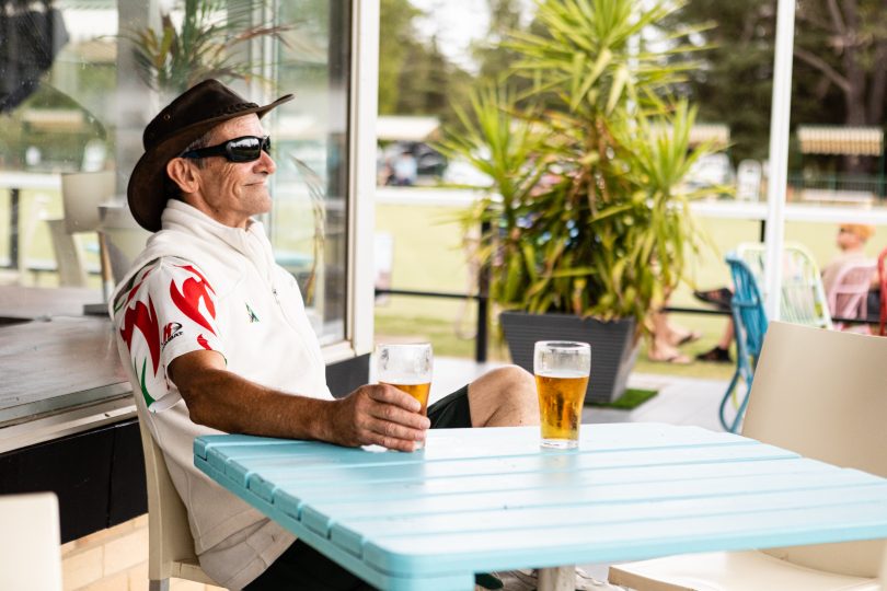 Lawn bowl player Peter drinking a beer at The RUC in Turner