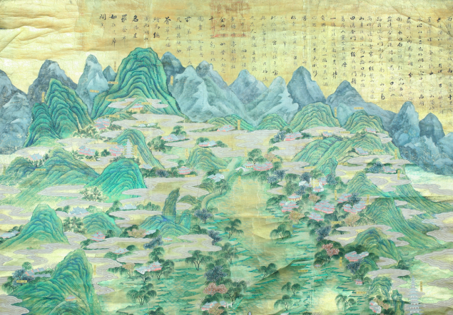 Image 1: Map of West Lake (detail) c. 1799; gold, oil paint on goat skin; 256cm x 132 cm West Lake, in the modern city of Hangzhou