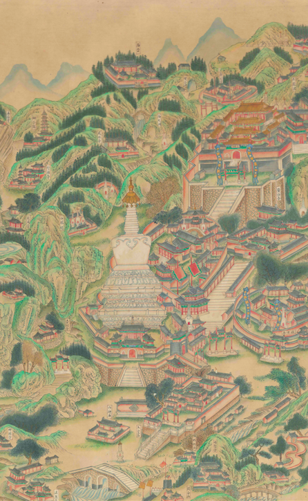 Map of Mount Wutai (detail) Guangxu period (1875–1908); ink and colours on paper; 84cm x 168 cm Details the temples and other religious structures in the Buddhist centre of Mt Wutai in Shanxi province