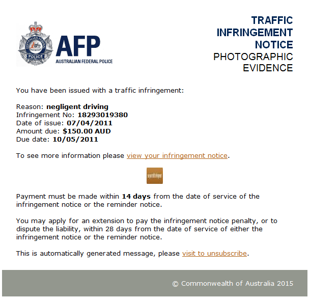 Traffic infringement notice scam 