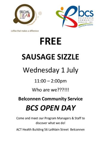 Free sausage sizzle tomorrow at Belconnen Community Service open day