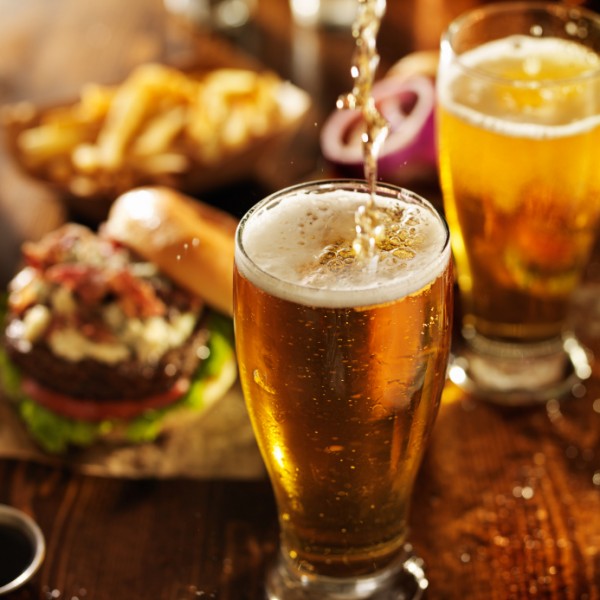 beer and burgers at pub