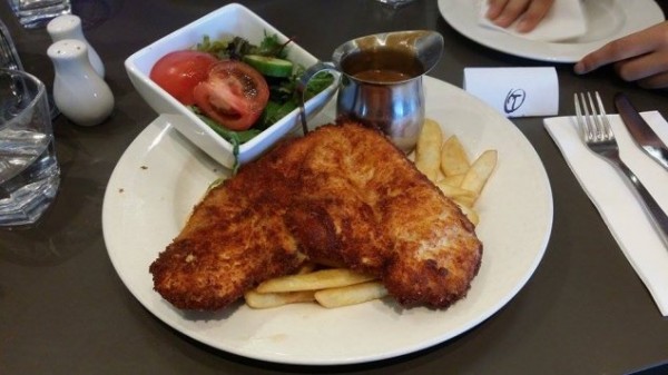 The Tradies upside-down love heart shaped chicken schnitzel.