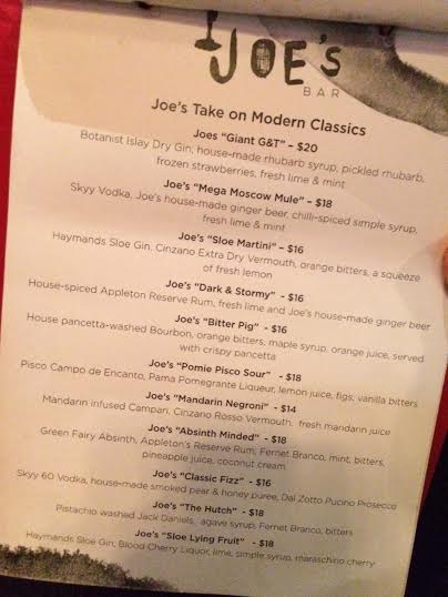 cocktails menu Joe's bar