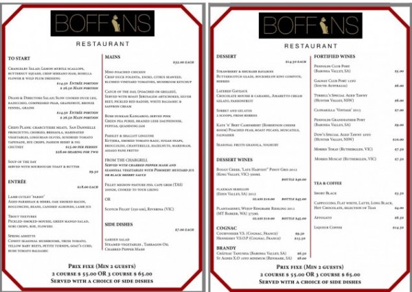 Boffins Restaurant: Menu Details