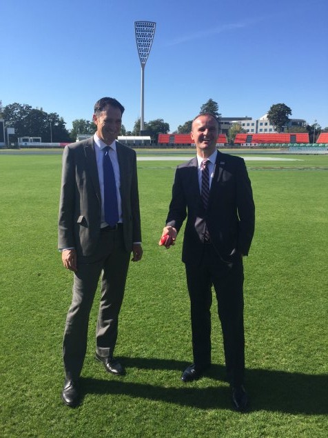 James Sutherland and Andrew Barr at Manuka Oval