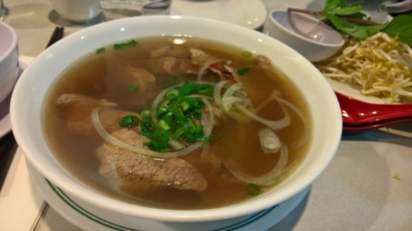 A bowl of rare beef pho noodle soup ($12)