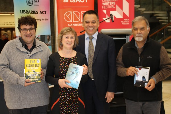 Shortlisted authors for the ACT Book of the Year Frank Bongiorno, Robyn Cadwallader and Subhash Jaireth with ACT Minister for the Arts Chris Bourke.