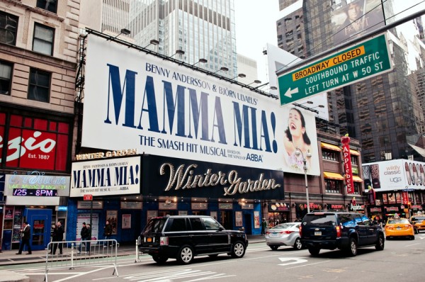 "New York, New York, USA - November 25, 2012: Entrance to the theater to Mamma Mia! on Broadway in New York City, Time Square. Showing people and traffic on the streets of New York."
