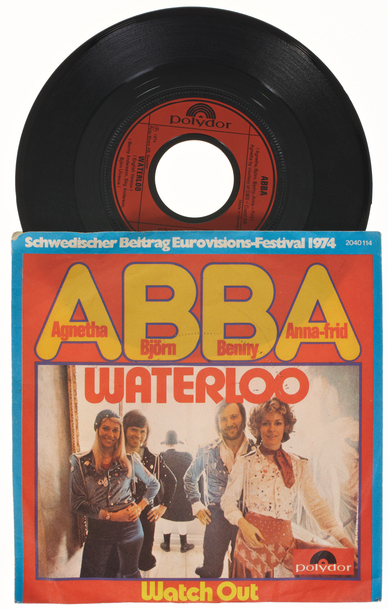 Marbach, Germany - July 28, 2011: The Abba single Waterloo cover and vinyl. It was the winning song of the Grand Prix d'Eurovision in 1974 and the breakthrough of Abba.