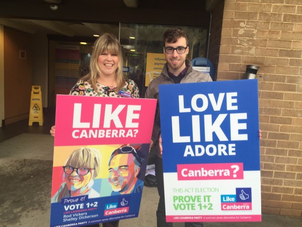 Shelley Dickerson and Tim Friel of the Like Canberra party at the Dickson Motor Registry. Photo: Charlotte Harper