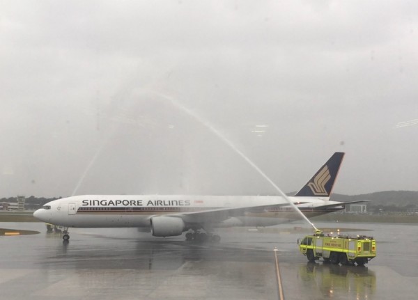 The water cannon salute for the first flight in.