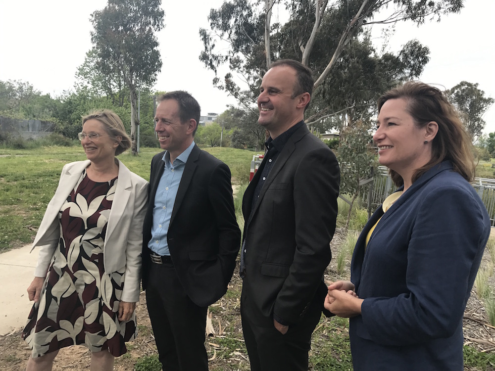Caroline Le Couteur and Shane Rattenbury of the Greens with Andrew Barr and Yvette Berry of Labor. Photo: Charlotte Harper
