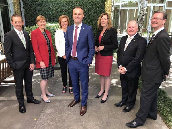 ACT Chief Minister Andrew Barr with cabinet ministers Shane Rattenbury, Rachel Stephen-Smith, Meegan Fitzharris, Yvette Berry, Mick Gentleman and Gordon Ramsay. Photo: Charlotte Harper