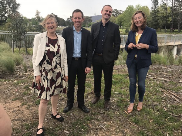 Caroline Le Couteur and Shane Rattenbury of the Greens with Andrew Barr and Yvette Berry of Labor. Photo: Charlotte Harper