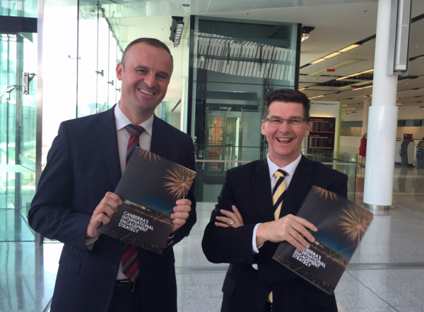 Andrew Barr and Brendan Smyth at the launch of the ACT's international engagement stragegy document in late 2016. Photo: Charlotte Harper