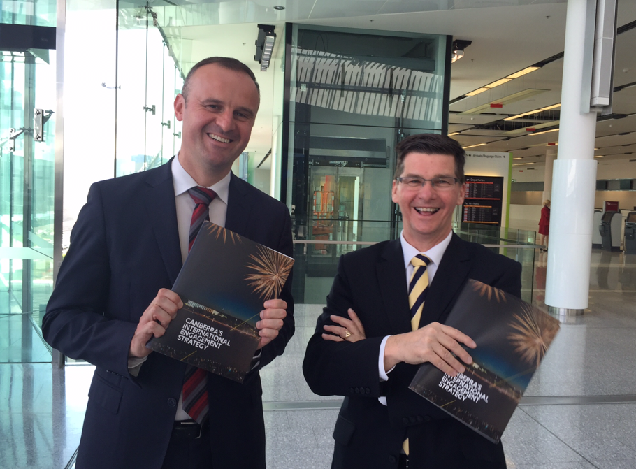 Andrew Barr and Brendan Smyth at the launch of the ACT's international engagement stragegy document  in late 2016. Photo: Charlotte Harper
