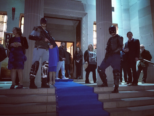 Guards welcome arrivals on the blue carpet for the preview screening of Blue World Order. Photo: Charlotte Harper