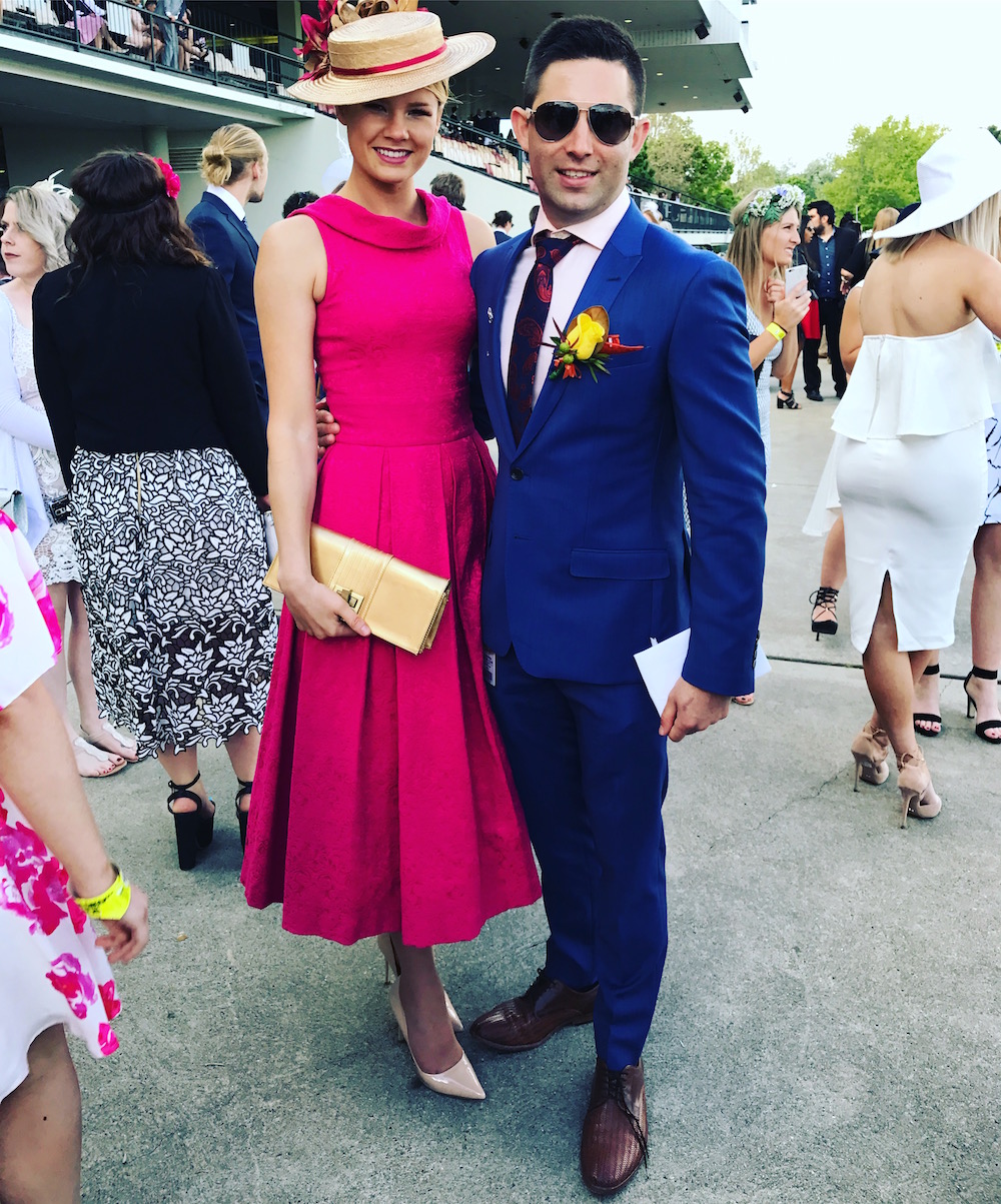 Elizabeth Krijnen and Hamish Lardi trackside. Mr Lardi was runner up in the men's Fashions on the Field competition, though he pointed out he'd returned some of his accessories to the car by the time we arrived with our camera. Photo: Charlotte Harper