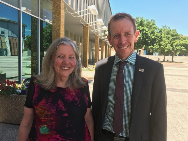 ACT Climate Change and Energy Minister Shane Rattenbury (right) with the ACT's first energy consumer advocate, Eileen Newmarch. Photo: Charlotte Harper