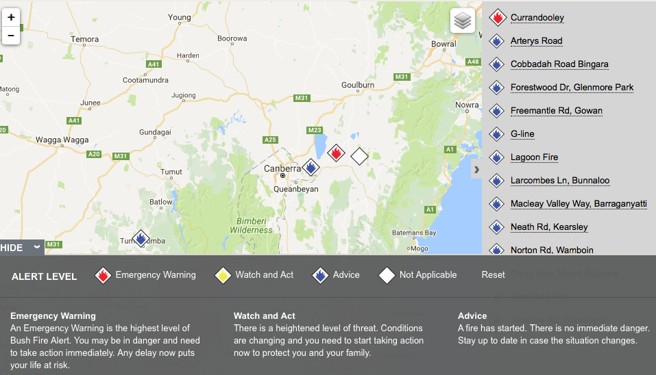 NSW RFS map as at 2pm on January 17.