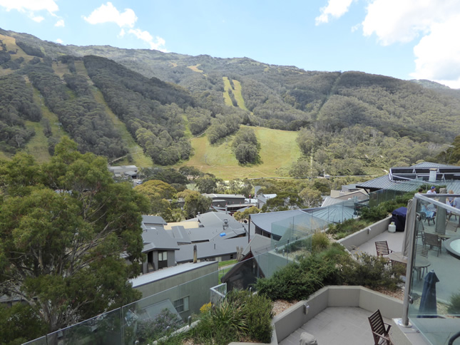 View over Thredbo ski runs from Lantern Apartments