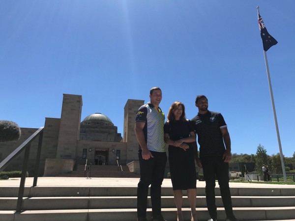 Raiders players Shannon Boyd (Kangaroos) and Jordan Rapana (Kiwis) with ACT Sports Minister Yvette Berry. Photo: Charlotte Harper