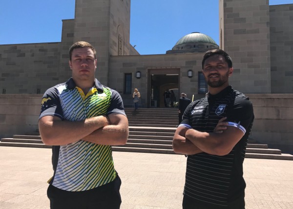 Raiders players Shannon Boyd (Kangaroos) and Jordan Rapana (Kiwis). Photo: Charlotte Harper