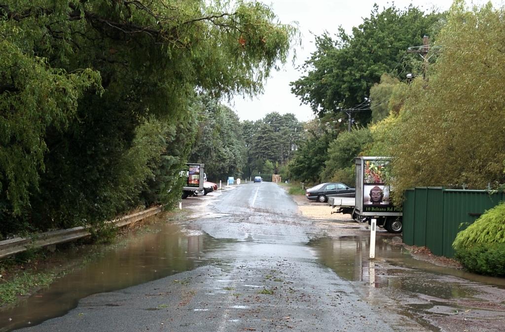 Pialligo Creek regularly floods and covers Beltana Road