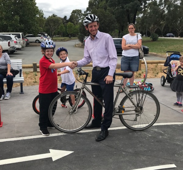 ACT Minister for Road Safety Shane Rattenbury with participants in the Cyclabilities program at the opening of the Tuggeranong Learn to Ride centre. Photo: Charlotte Harper