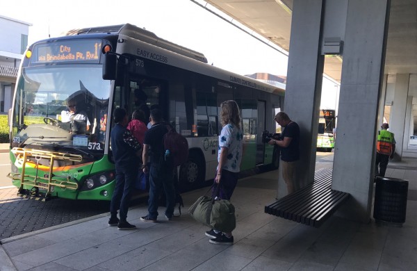 Passengers step onto the new ACTION bus to the airport. Photo: Charlotte Harper