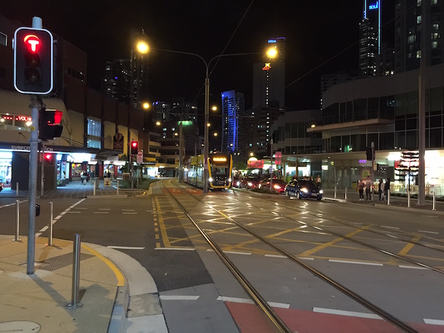 Gold Coast light rail on approach. Photo: Charlotte Harper