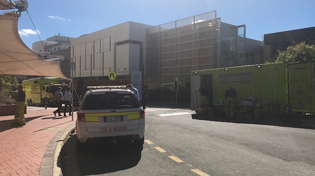 Emergency Services staff outside the Canberra Hospital today. Photo: Charlotte Harper
