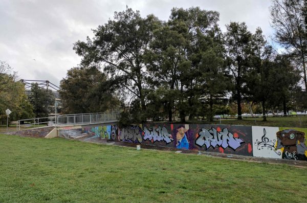 View across green grass towards drain with graffiti art, looking towards Callam Street offices and trees