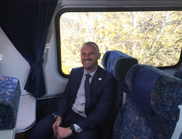 Andrew Barr on the train to Sydney. Photo: Charlotte Harper