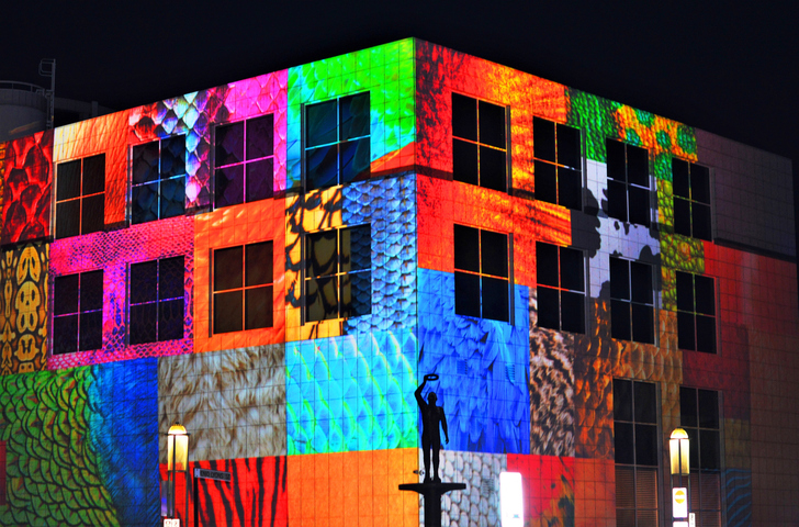 Colourful architectural projections on the Questacon building during the 10-day Enlighten festival.