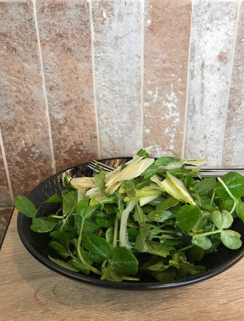 crisp side salad of rucola e parmigiano (rocket, snow pea tendril, pear, & parmesan)