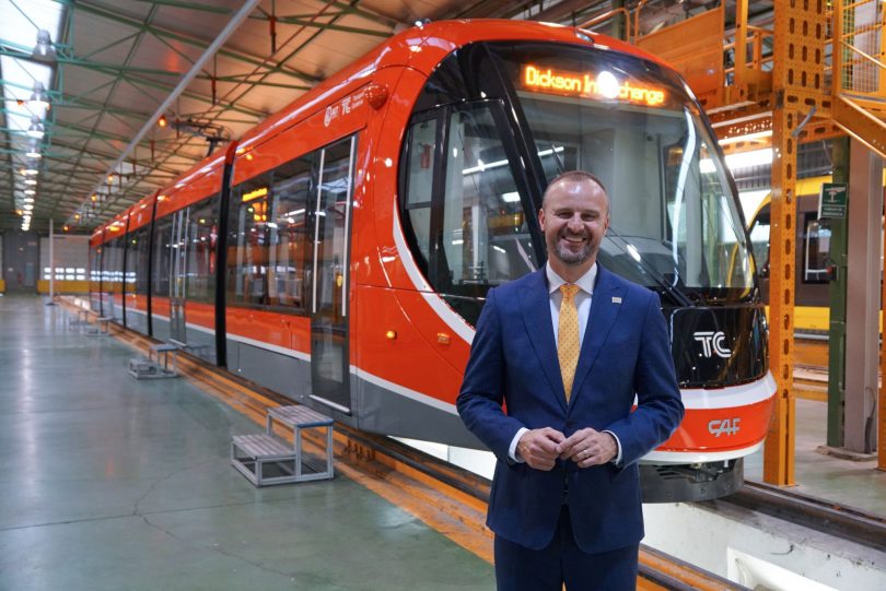 Chief Minister Andrew Barr and light rail vehicle