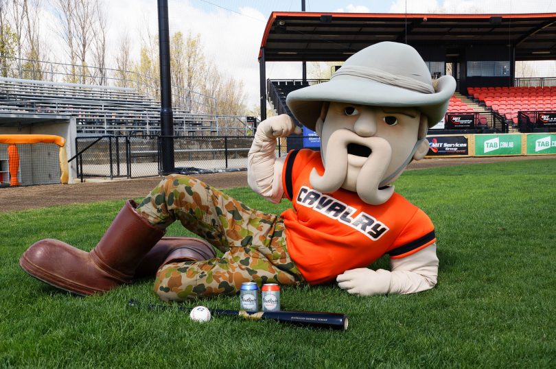 Canberra Cavalry mascot lying on the field with a baseball bat and Bentspoke beer cans in front of him