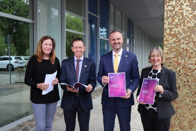 Deputy Chief Minister Yvette Berry, Greens leader Shane Rattenbury, Chief Minister Andrew Barr, and Greens MLA Caroline Le Couteur at the Legislative Assembly. Photo: Supplied