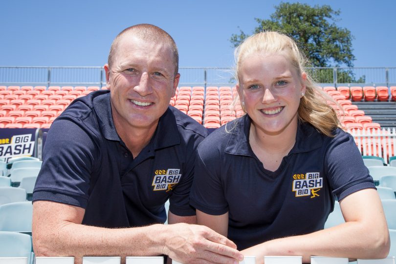 CBR Big Bash Bid Ambassadors Brad Haddin and Lauren Phillips at Manuka Oval. Photo: Doug Dobing