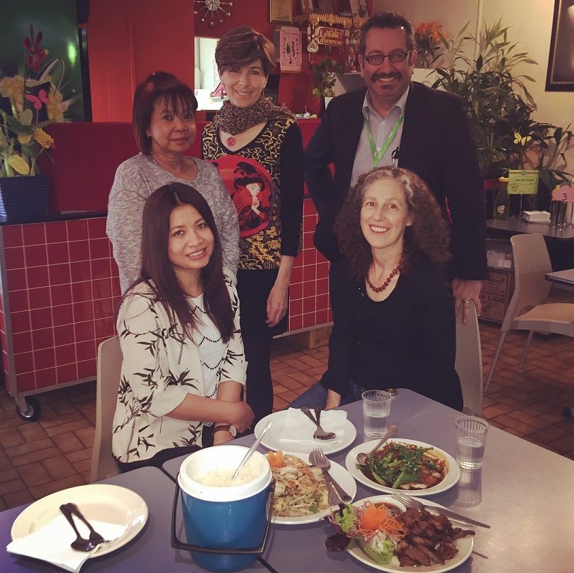 Canberra foodies (back row): Thip (Owner of Thip's Thai), Michele Walton (Food and Travel Secrets, Elias Hallaj (CBR Foodie), (front row): Charinya Ruecha (Charinya’s Kitchen) Elissa Steel ( Five Beans Food) at Thip’s Thai in Belconnen. 