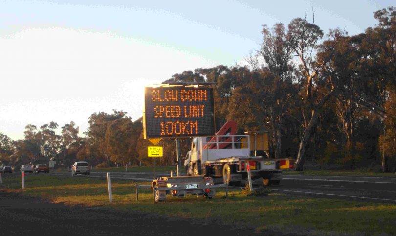 Dangerous road: A sign urging Barton Highway drivers to stick to the speed limit. Photo: Yass Valley Shire Council.