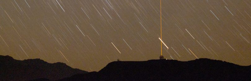 The Gemini South Guidestar Laser seen in action form a neighbouring observatory. The laser was installed by Associate Professor d’Orgeville into an 8-metre telescope in Chile when she worked at the international Gemini Observatory prior to coming to ANU in 2012. Photo: Tim Abbott, NOAO.