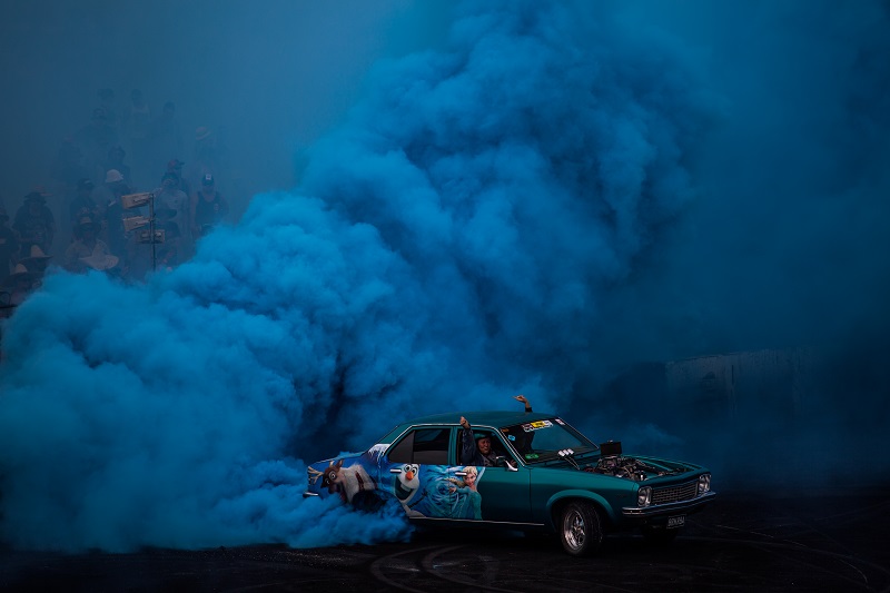 Blue-smoke burnouts at Summernats 30. Photo by Jack Mohr.