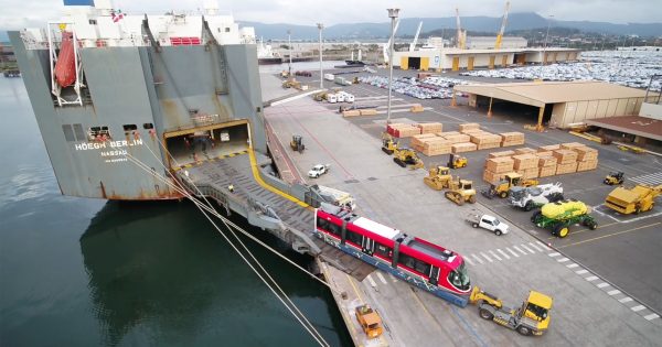 Canberra’s first light rail vehicle arrives under police escort