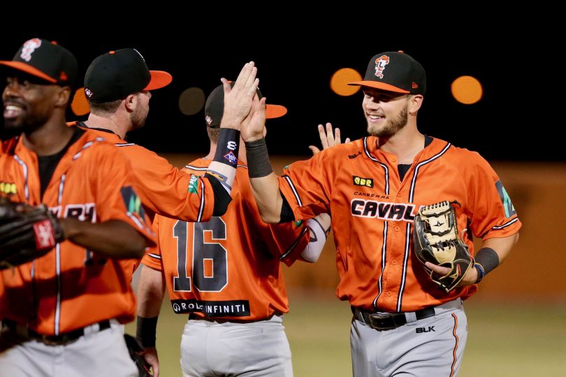 Cavalry players celebrate their series win over Sydney Blue Sox Photo: Joe Vella SMP Images / ABL Media.