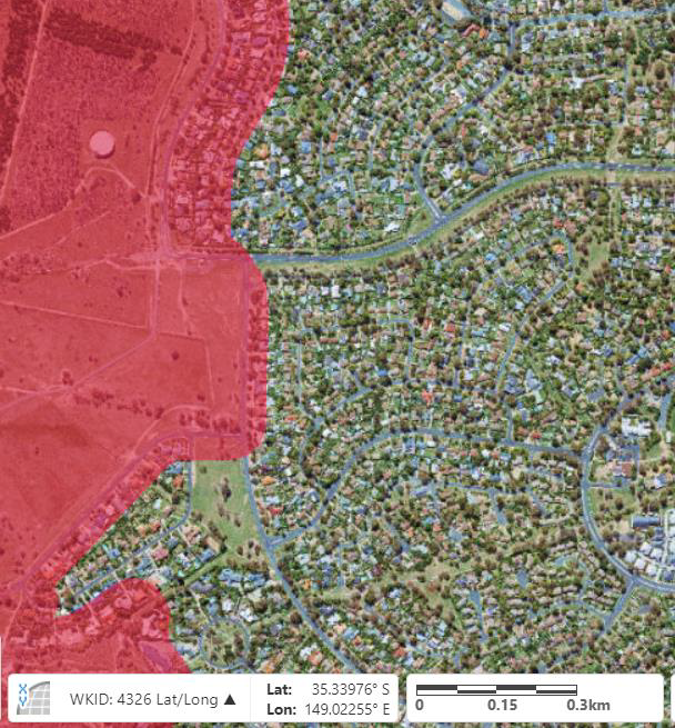 These maps show the bushfire-prone rural area (pink) leading into the bushfire-prone suburban edge. The top image is from February 2017. Below: revised BPA from June 2017. (Source: actmapi.act.gov.au)