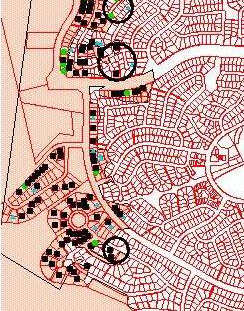 This map of the same area shows the locations of house loss from the major bushfires of 2003. Note that many of these burnt-house locations are no longer within the previous “bushfire-prone area”. The shaded area represents, approximately, the coverage of the fire.